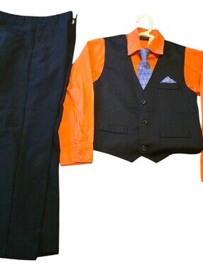 Boys Holiday Editions Navy Pinstripe Vest & Pants with Orange Shirt